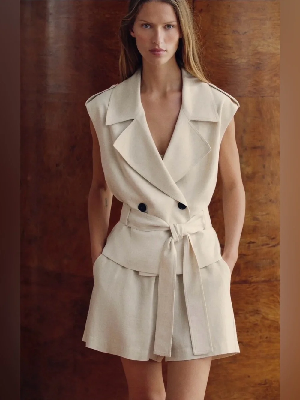 Zara NWT Beige Linen Double Breasted Belted Tailored Vest Quiet Luxury